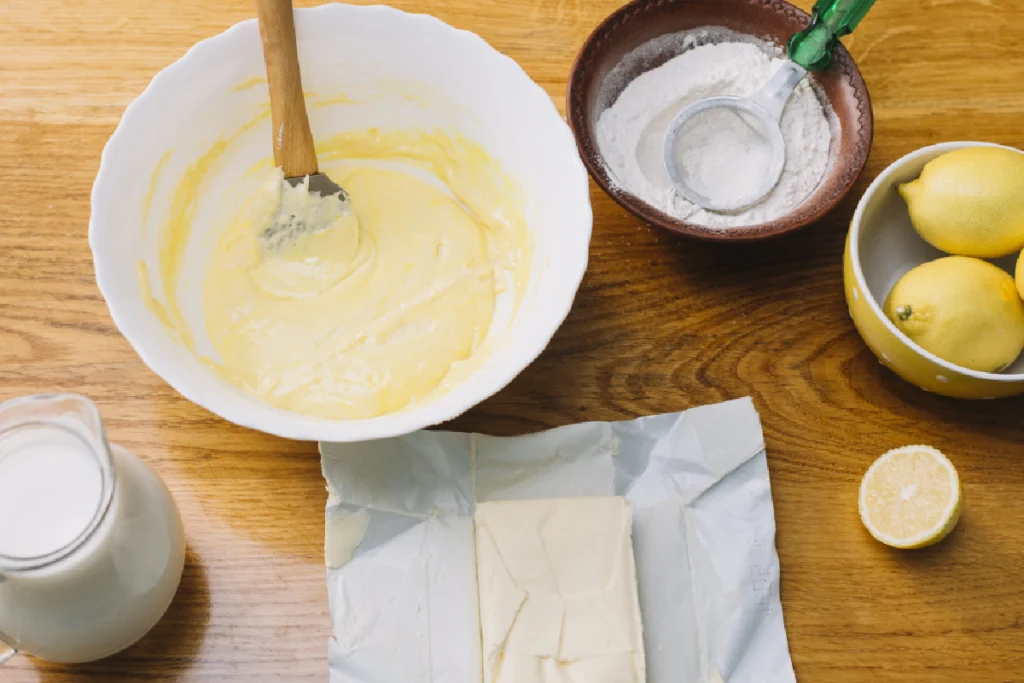 Assorted buttermilk substitutes including lemon juice and milk, yogurt, and plant-based alternatives.
