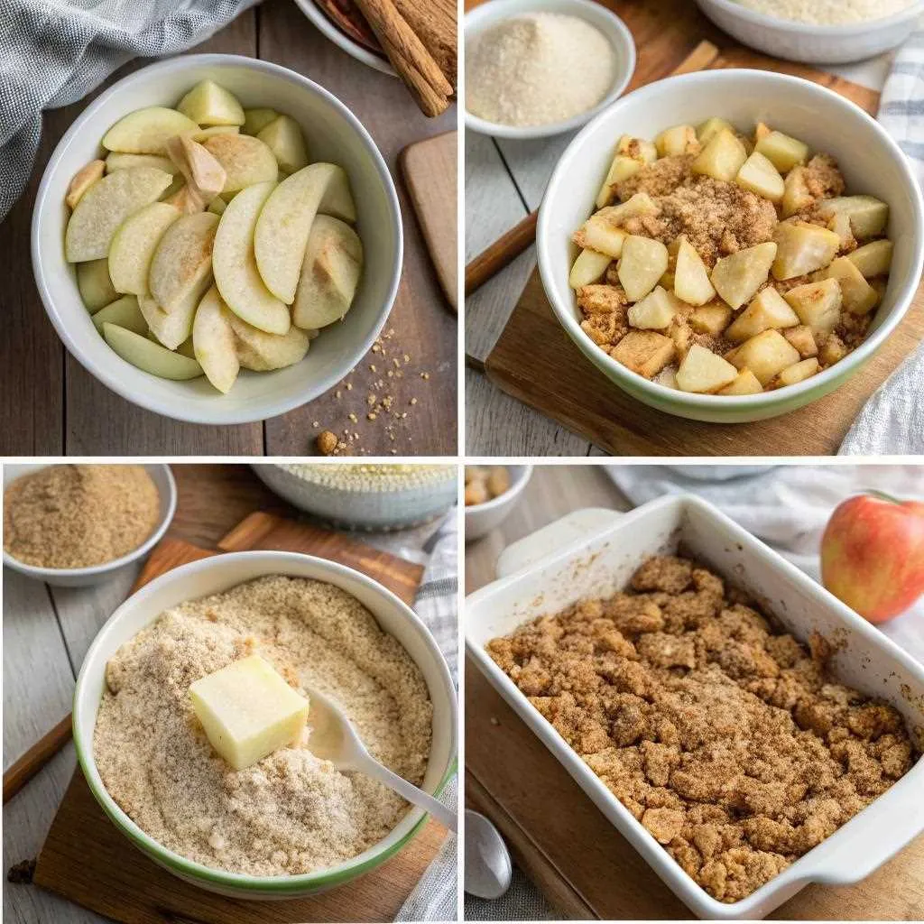 Collage of four images showing the steps to make apple crumble with whole wheat flour, from mixing apples to baking in the oven.