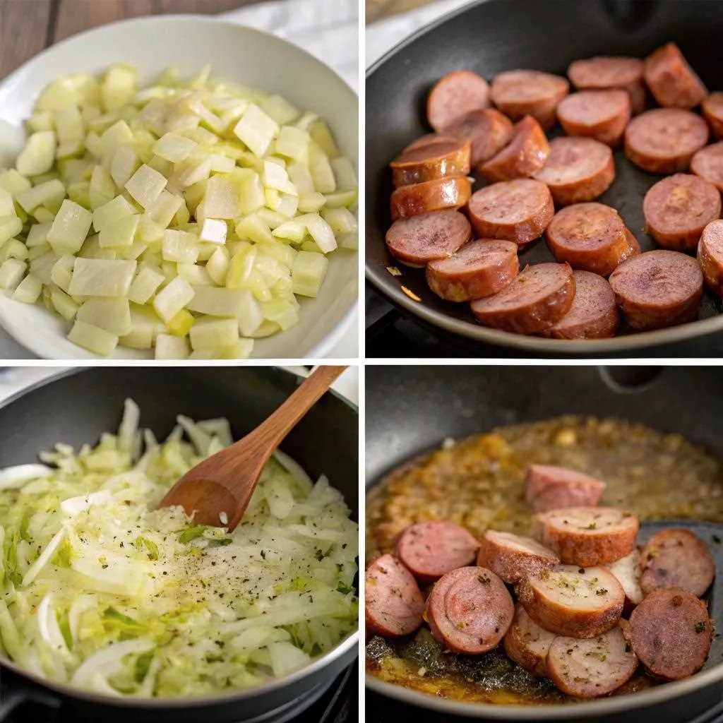  A four-step cooking collage showing the process of making fried cabbage and sausage: searing smoked sausage, sautéing onions and garlic, adding cabbage, and the final caramelized dish in a pan.