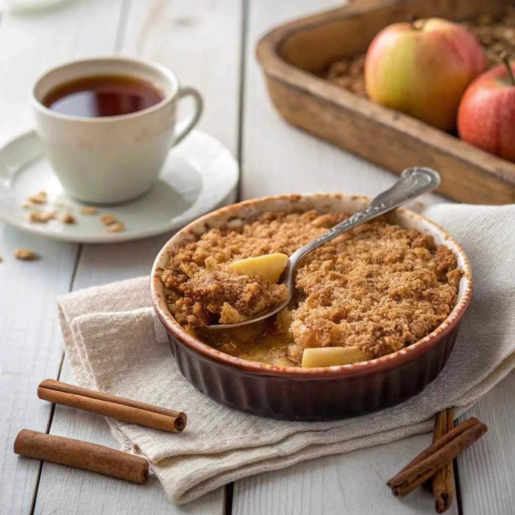 A warm apple crumble with whole wheat flour, served in a rustic baking dish with a spoonful taken out, revealing the spiced apple filling.