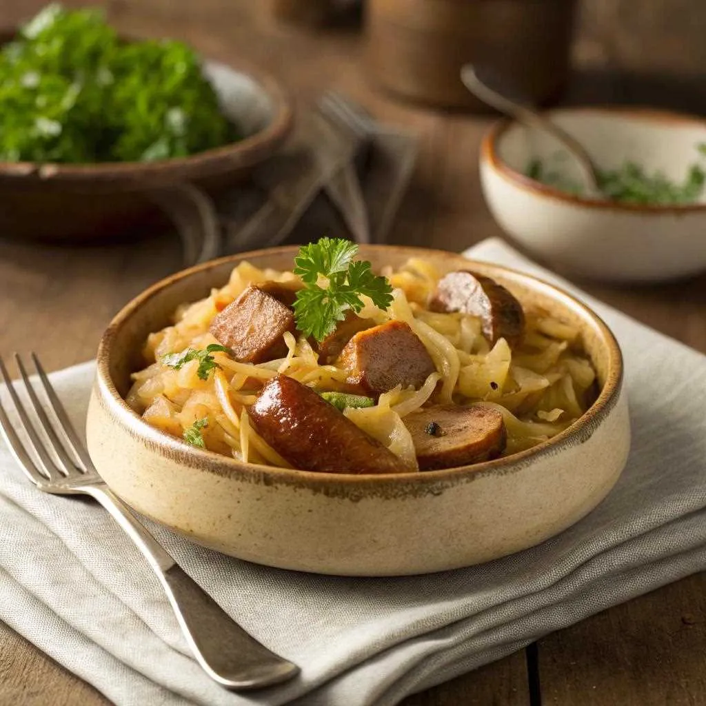 : A hearty plate of fried cabbage and sausage served in a rustic ceramic bowl, garnished with fresh parsley, placed on a wooden table with a fork and linen napkin beside it.