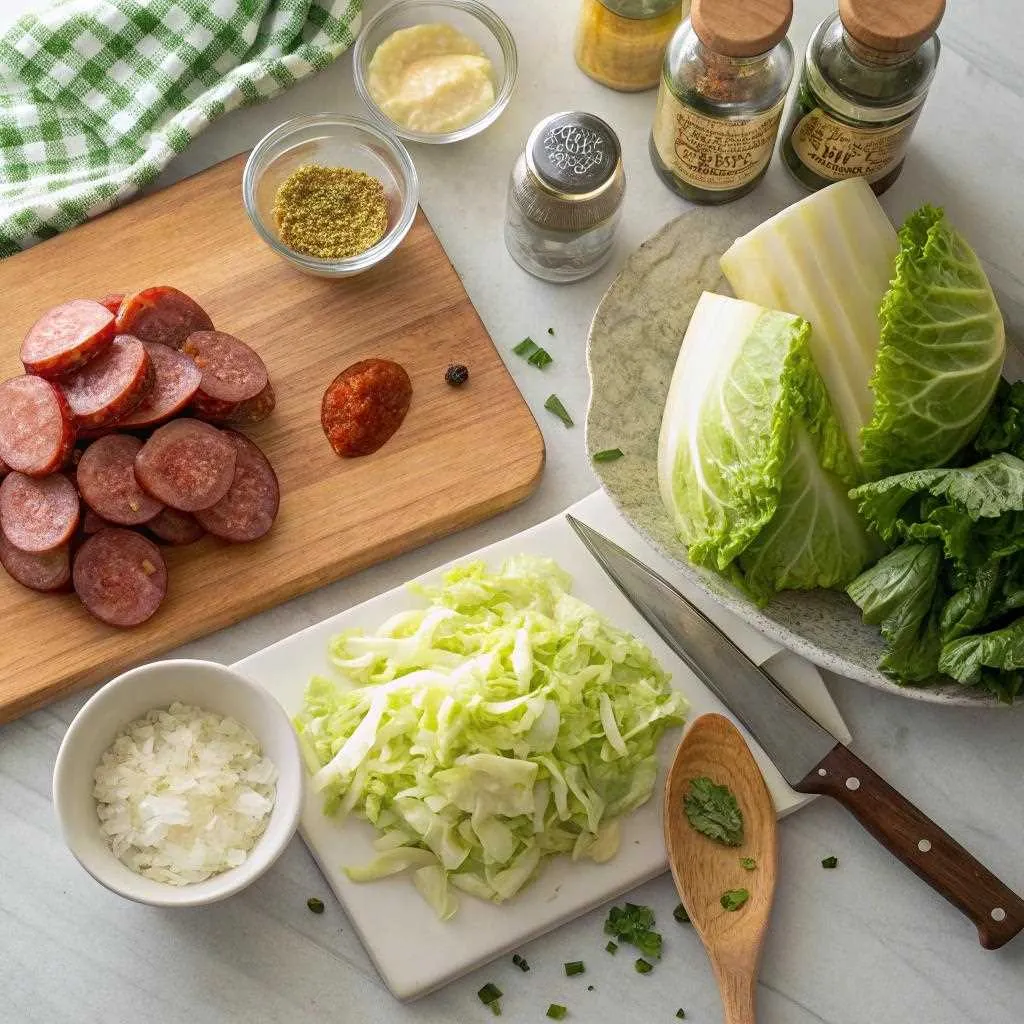  Flat-lay of fresh ingredients for fried cabbage and sausage, including sliced smoked sausage, chopped green cabbage, minced garlic, diced onions, butter, and seasonings, neatly arranged on a wooden countertop.