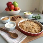 Flat-lay of apple crumble ingredients with whole wheat flour, oats, brown sugar, apples, cinnamon, and baking essentials on a kitchen counter.